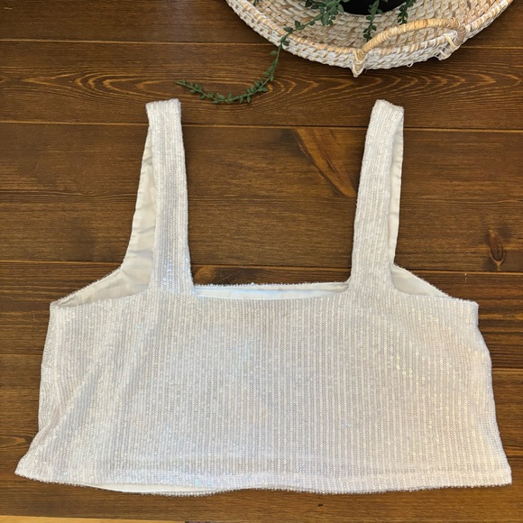 Show Me Your MuMu Sparkling White Sequined Crop Top | TARA CROP TOP | Size Large - Picture 3 of 7